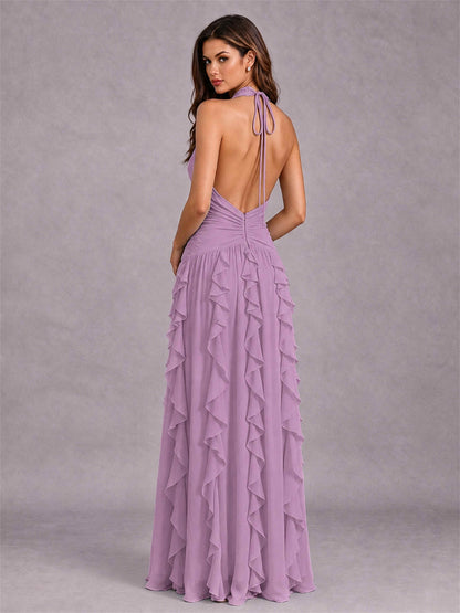 A-Line Halter Neck Ruffle Pleated Floor-Length Chiffon Evening Dress