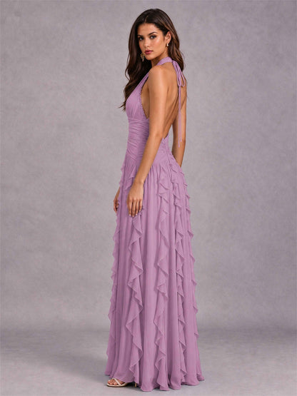 A-Line Halter Neck Ruffle Pleated Floor-Length Chiffon Evening Dress