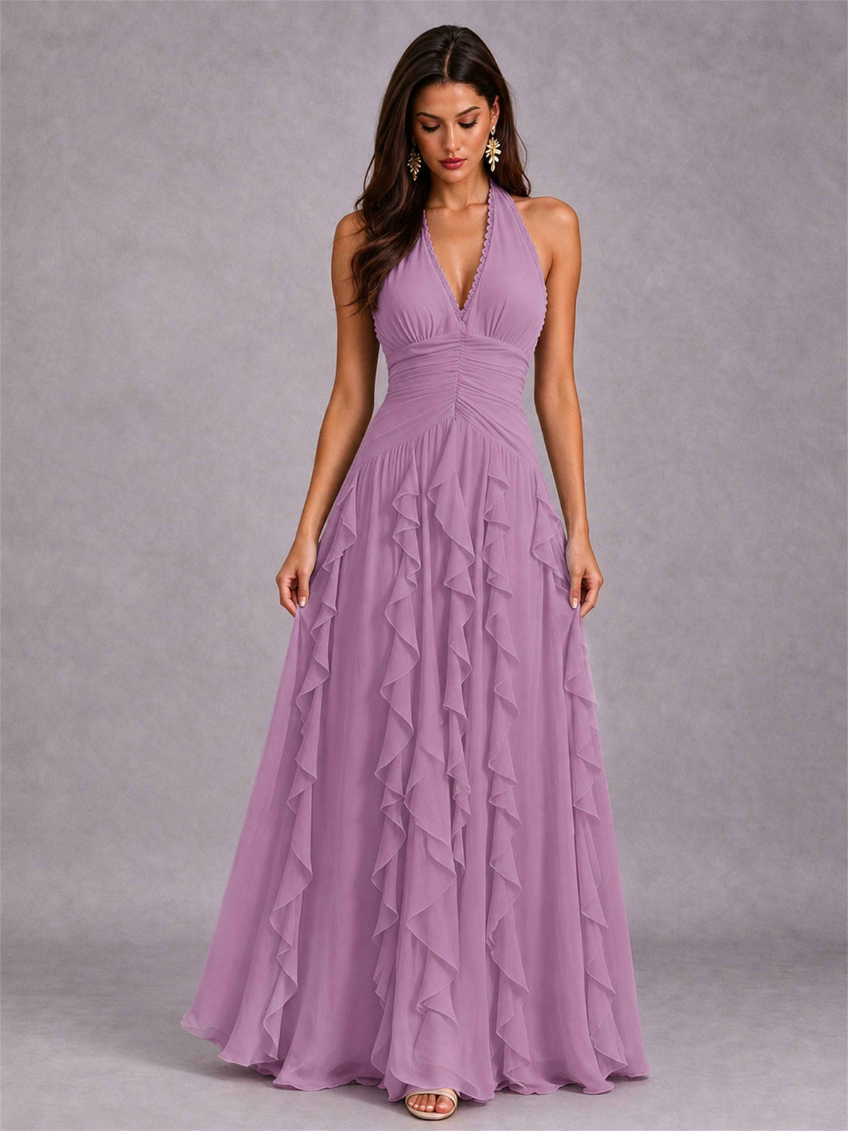 A-Line Halter Neck Ruffle Pleated Floor-Length Chiffon Evening Dress