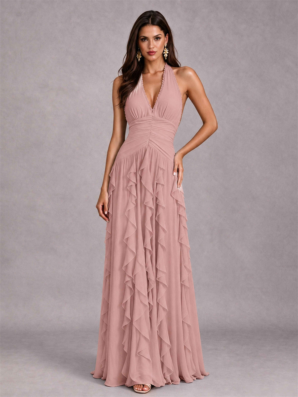 A-Line Halter Neck Ruffle Pleated Floor-Length Chiffon Evening Dress