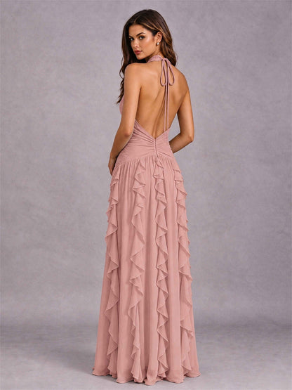 A-Line Halter Neck Ruffle Pleated Floor-Length Chiffon Evening Dress
