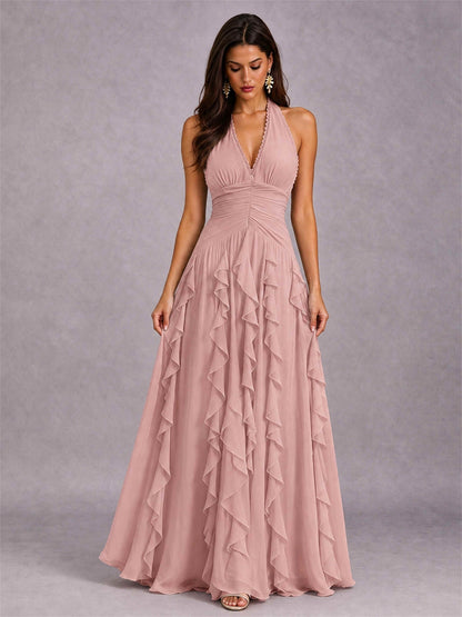 A-Line Halter Neck Ruffle Pleated Floor-Length Chiffon Evening Dress