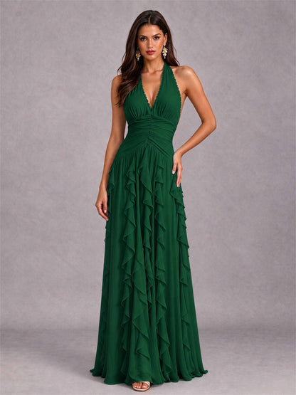 A-Line Halter Neck Ruffle Pleated Floor-Length Chiffon Evening Dress