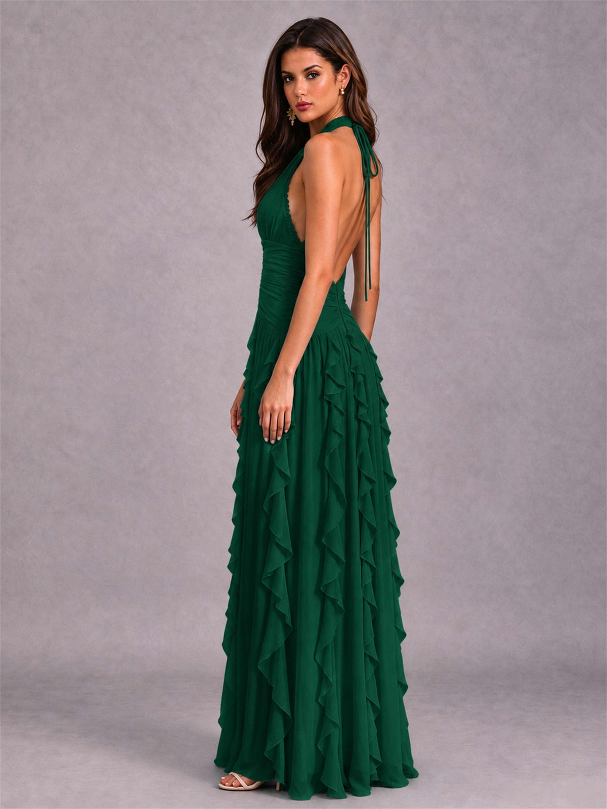 A-Line Halter Neck Ruffle Pleated Floor-Length Chiffon Evening Dress