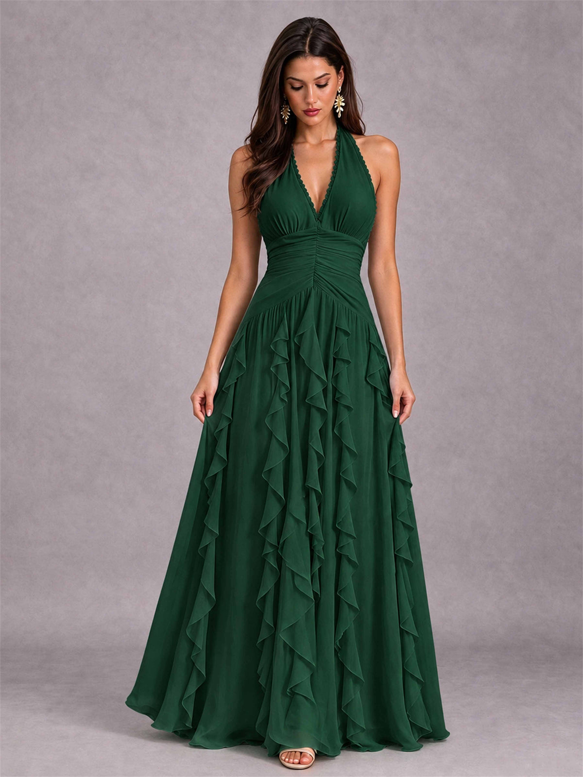A-Line Halter Neck Ruffle Pleated Floor-Length Chiffon Evening Dress