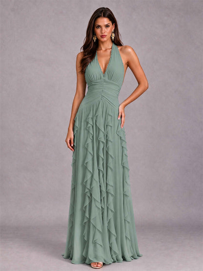 A-Line Halter Neck Ruffle Pleated Floor-Length Chiffon Evening Dress
