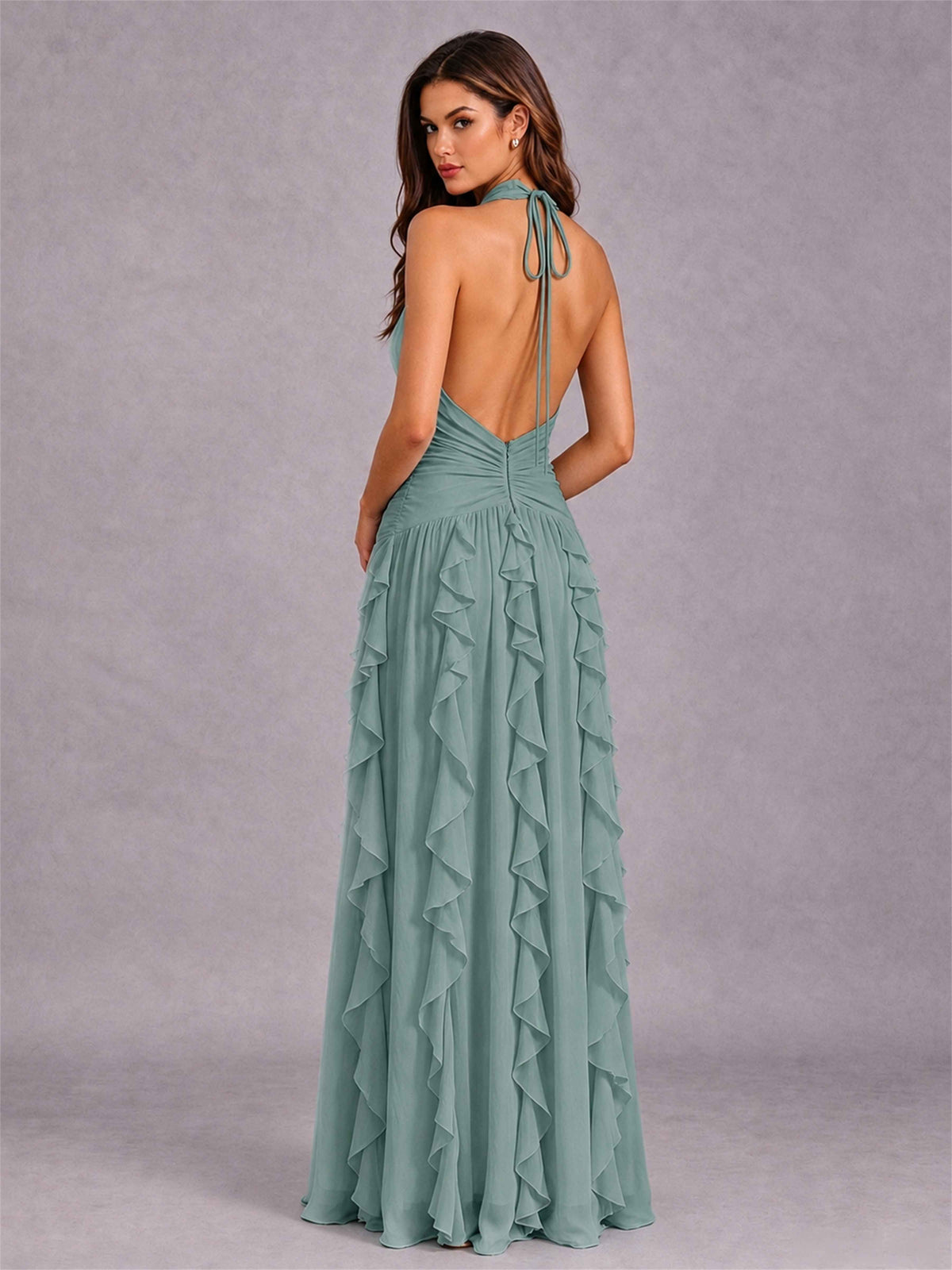A-Line Halter Neck Ruffle Pleated Floor-Length Chiffon Evening Dress