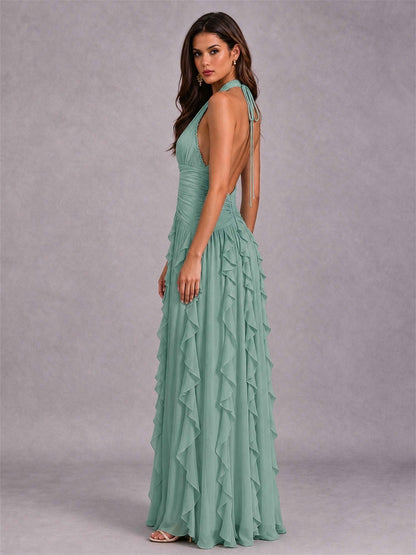 A-Line Halter Neck Ruffle Pleated Floor-Length Chiffon Evening Dress