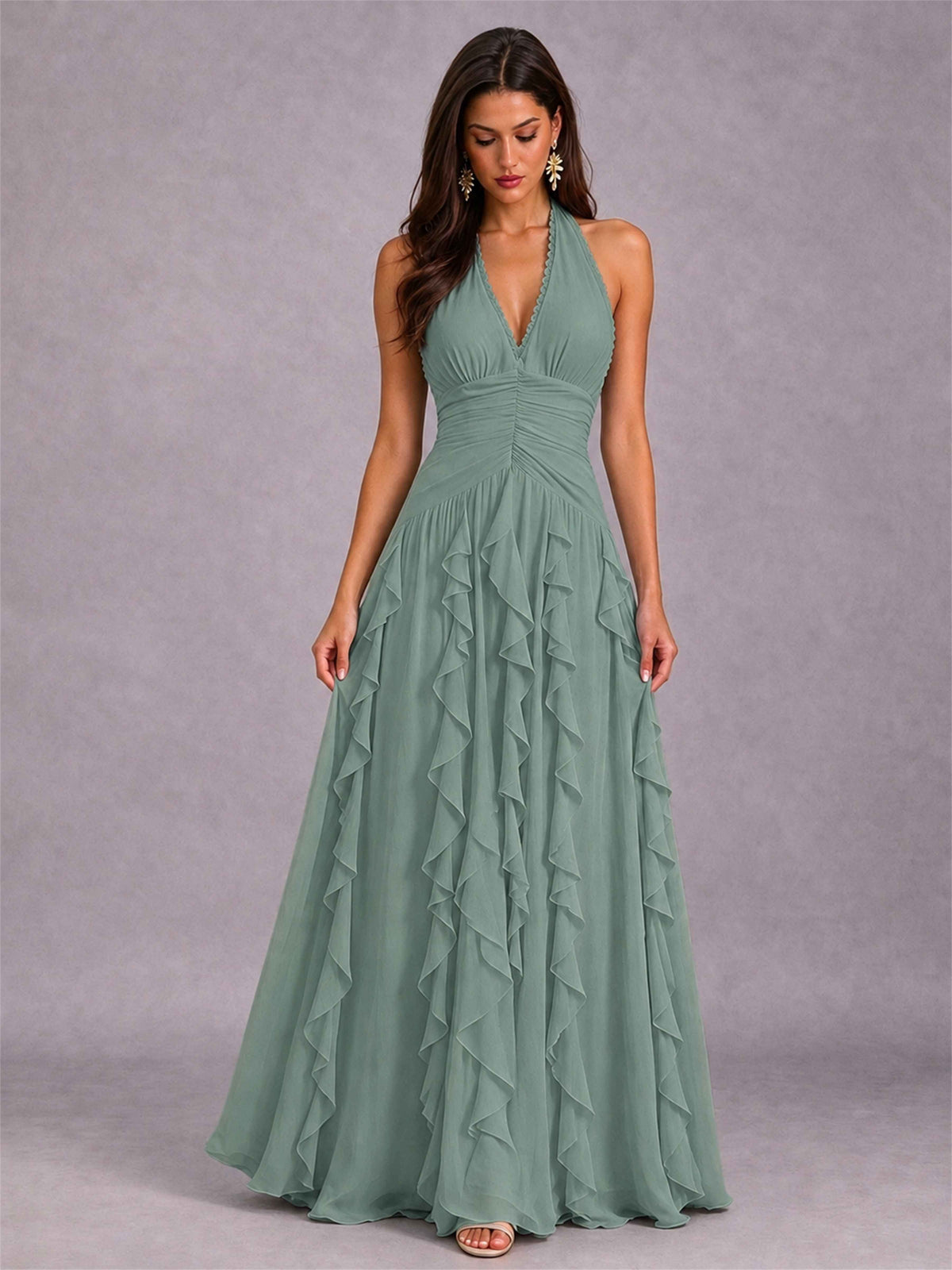 A-Line Halter Neck Ruffle Pleated Floor-Length Chiffon Evening Dress