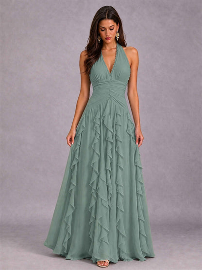 A-Line Halter Neck Ruffle Pleated Floor-Length Chiffon Evening Dress