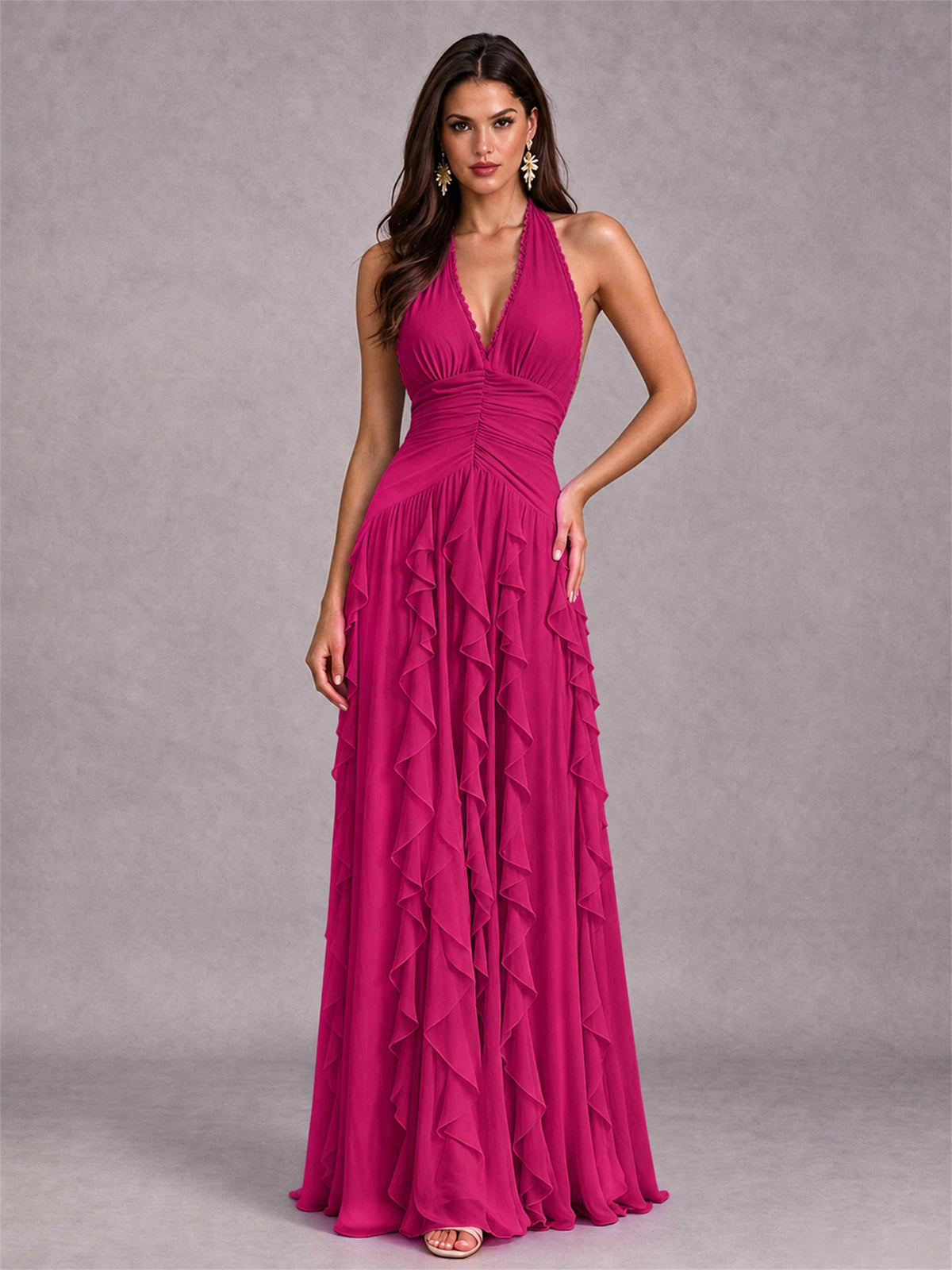 A-Line Halter Neck Ruffle Pleated Floor-Length Chiffon Evening Dress