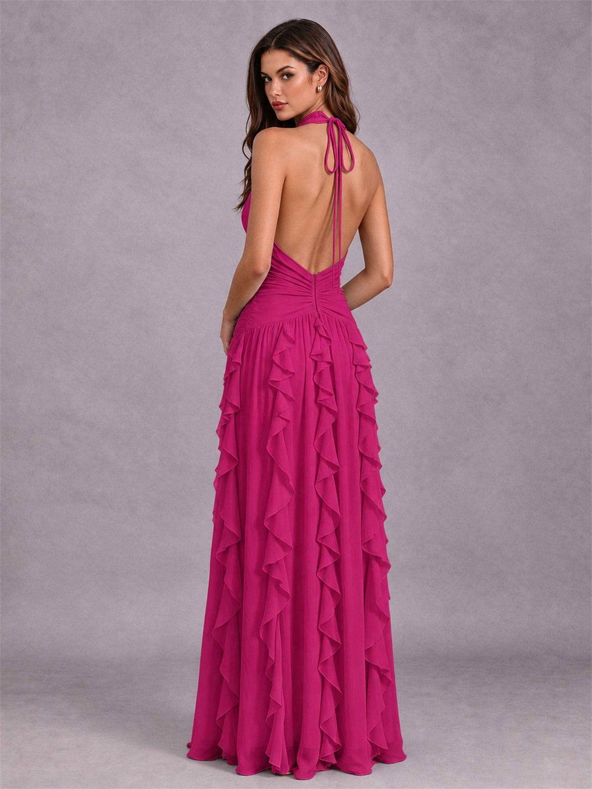 A-Line Halter Neck Ruffle Pleated Floor-Length Chiffon Evening Dress