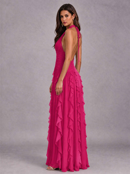 A-Line Halter Neck Ruffle Pleated Floor-Length Chiffon Evening Dress