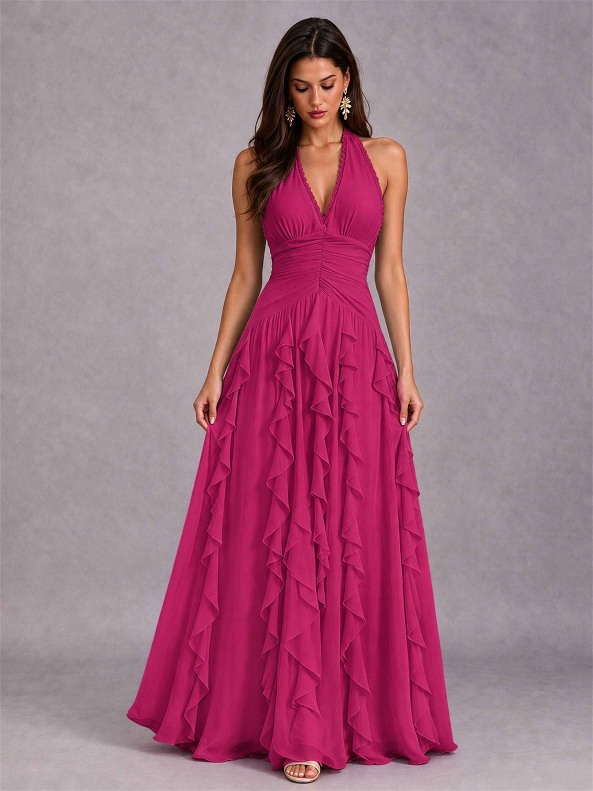 A-Line Halter Neck Ruffle Pleated Floor-Length Chiffon Evening Dress