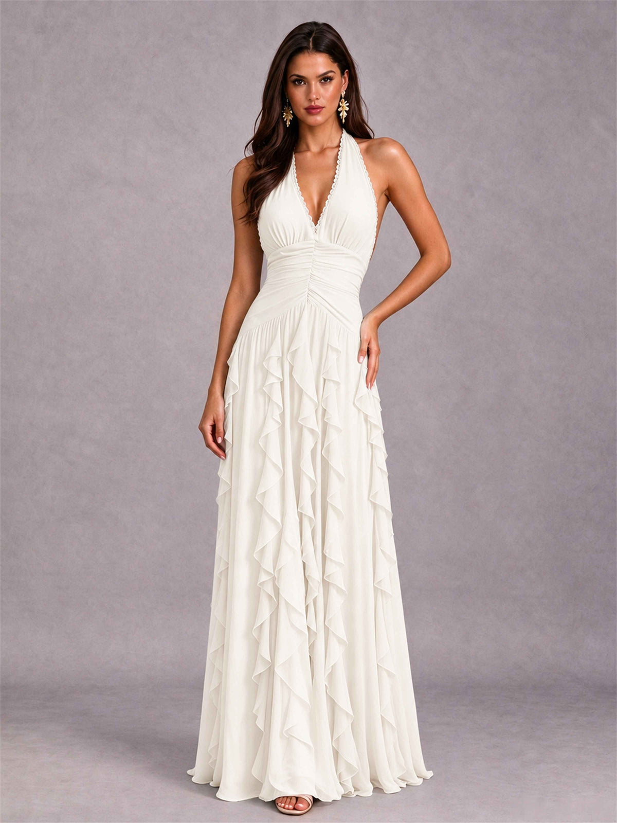 A-Line Halter Neck Ruffle Pleated Floor-Length Chiffon Evening Dress