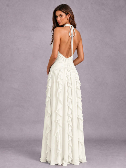 A-Line Halter Neck Ruffle Pleated Floor-Length Chiffon Evening Dress