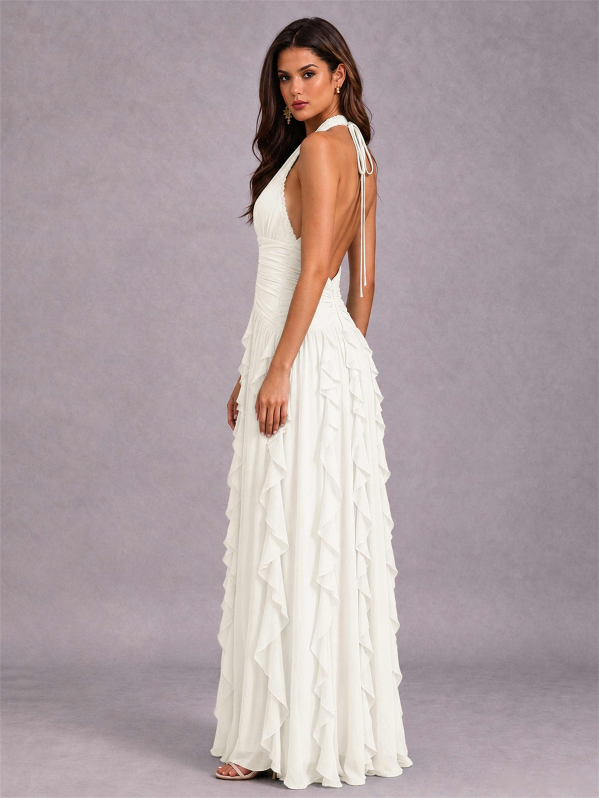 A-Line Halter Neck Ruffle Pleated Floor-Length Chiffon Evening Dress