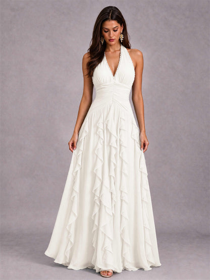 A-Line Halter Neck Ruffle Pleated Floor-Length Chiffon Evening Dress