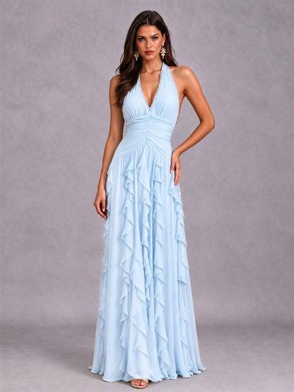 A-Line Halter Neck Ruffle Pleated Floor-Length Chiffon Evening Dress
