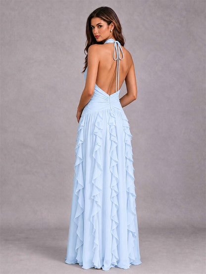 A-Line Halter Neck Ruffle Pleated Floor-Length Chiffon Evening Dress