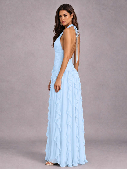 A-Line Halter Neck Ruffle Pleated Floor-Length Chiffon Evening Dress
