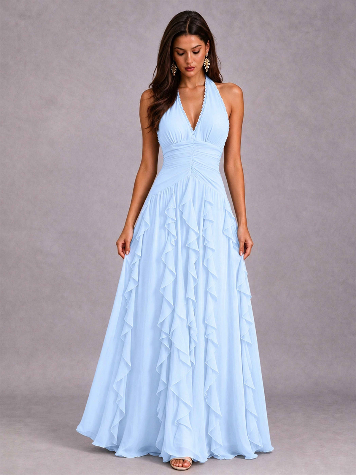 A-Line Halter Neck Ruffle Pleated Floor-Length Chiffon Evening Dress