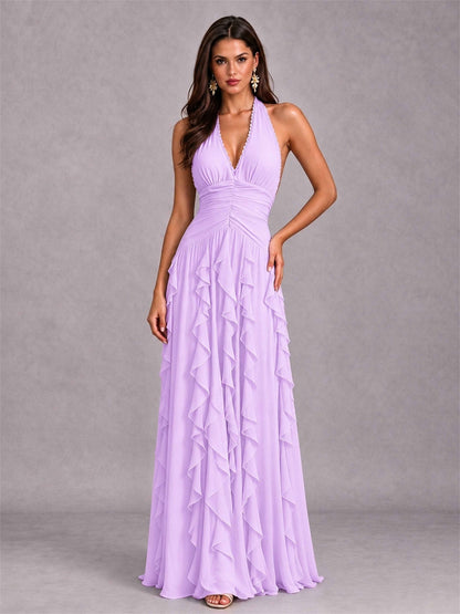A-Line Halter Neck Ruffle Pleated Floor-Length Chiffon Evening Dress