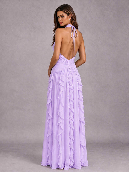 A-Line Halter Neck Ruffle Pleated Floor-Length Chiffon Evening Dress