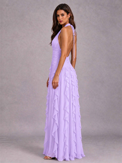 A-Line Halter Neck Ruffle Pleated Floor-Length Chiffon Evening Dress