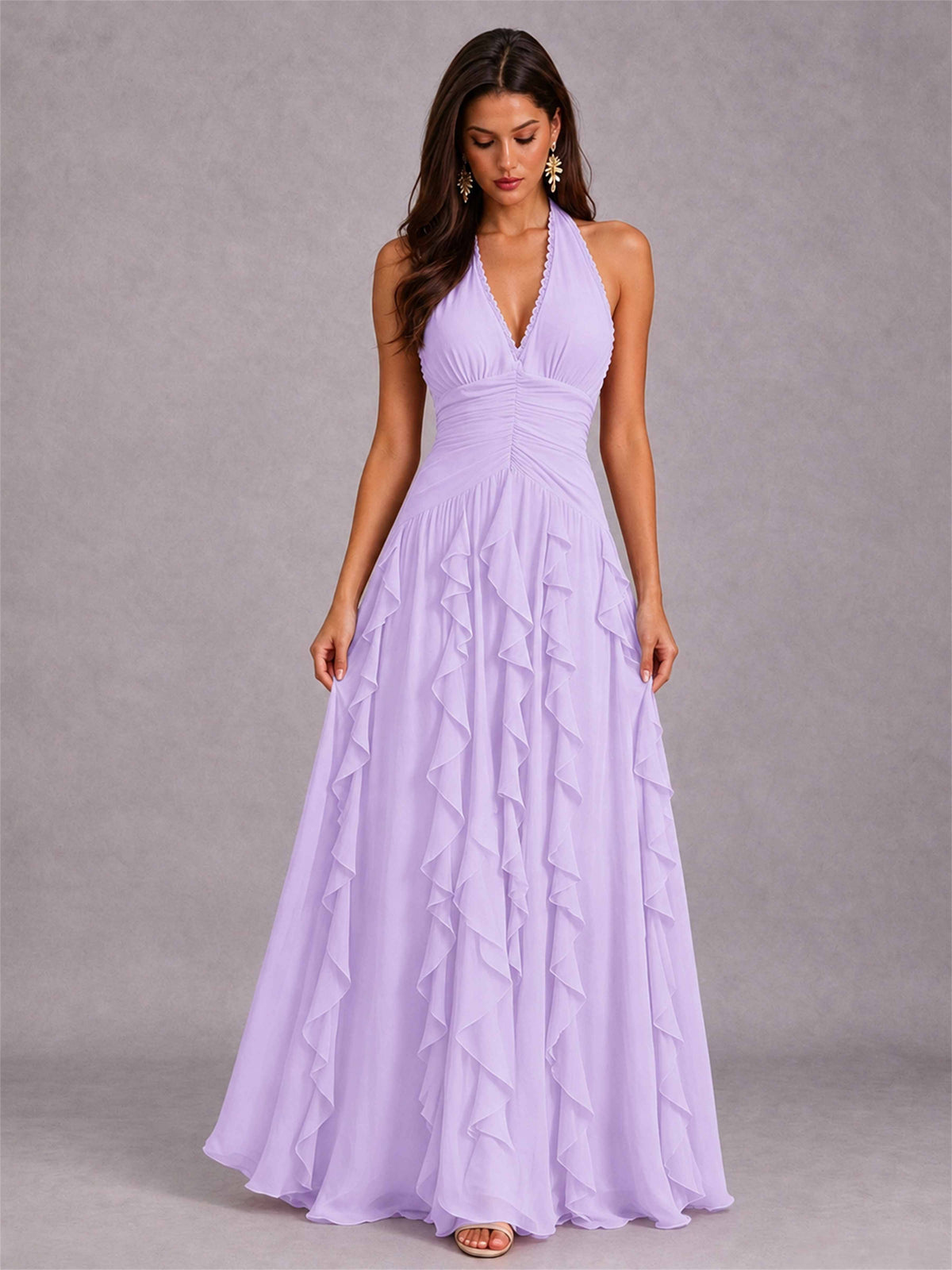 A-Line Halter Neck Ruffle Pleated Floor-Length Chiffon Evening Dress