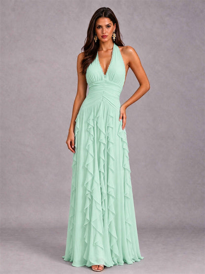 A-Line Halter Neck Ruffle Pleated Floor-Length Chiffon Evening Dress