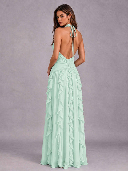 A-Line Halter Neck Ruffle Pleated Floor-Length Chiffon Evening Dress