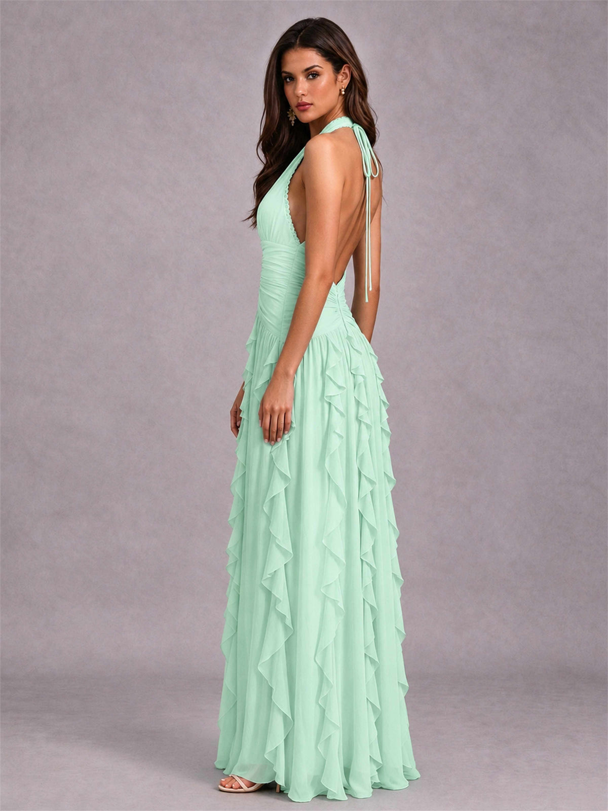 A-Line Halter Neck Ruffle Pleated Floor-Length Chiffon Evening Dress