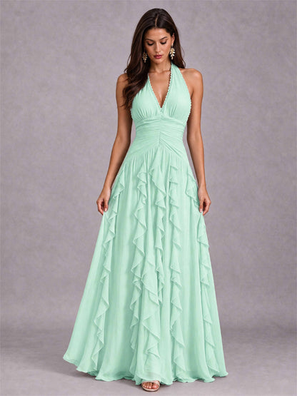 A-Line Halter Neck Ruffle Pleated Floor-Length Chiffon Evening Dress