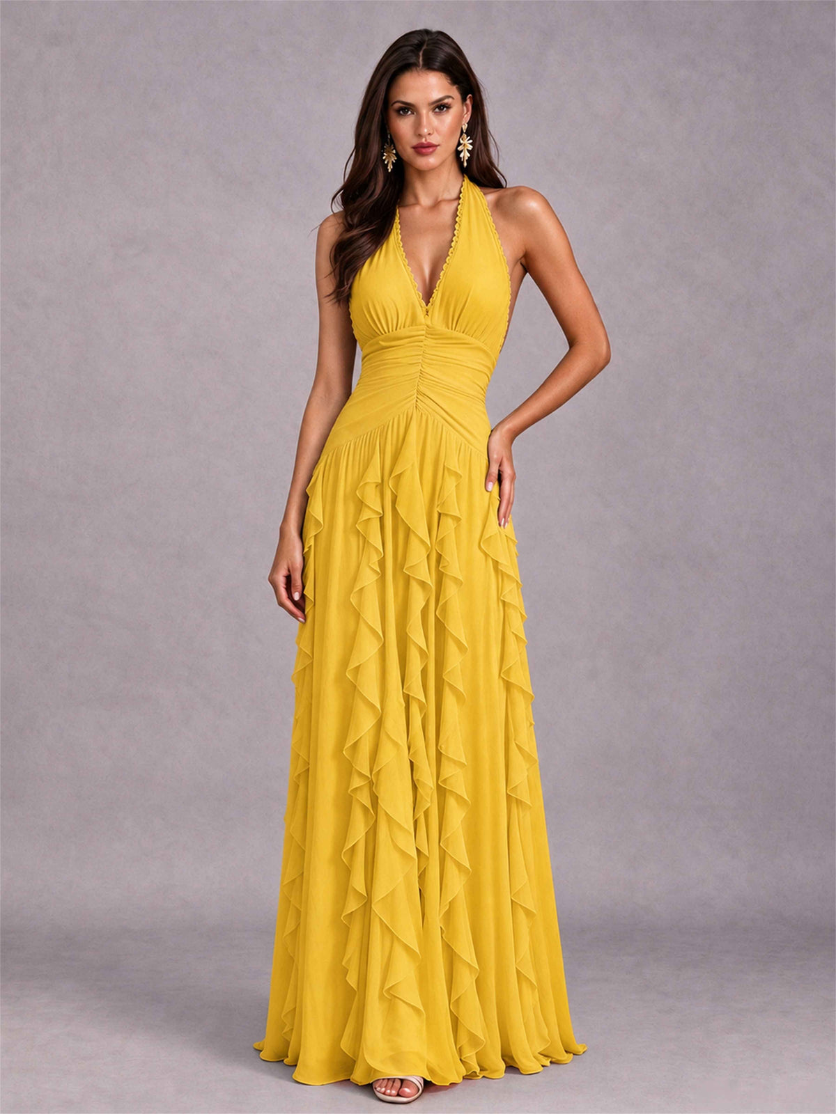 A-Line Halter Neck Ruffle Pleated Floor-Length Chiffon Evening Dress