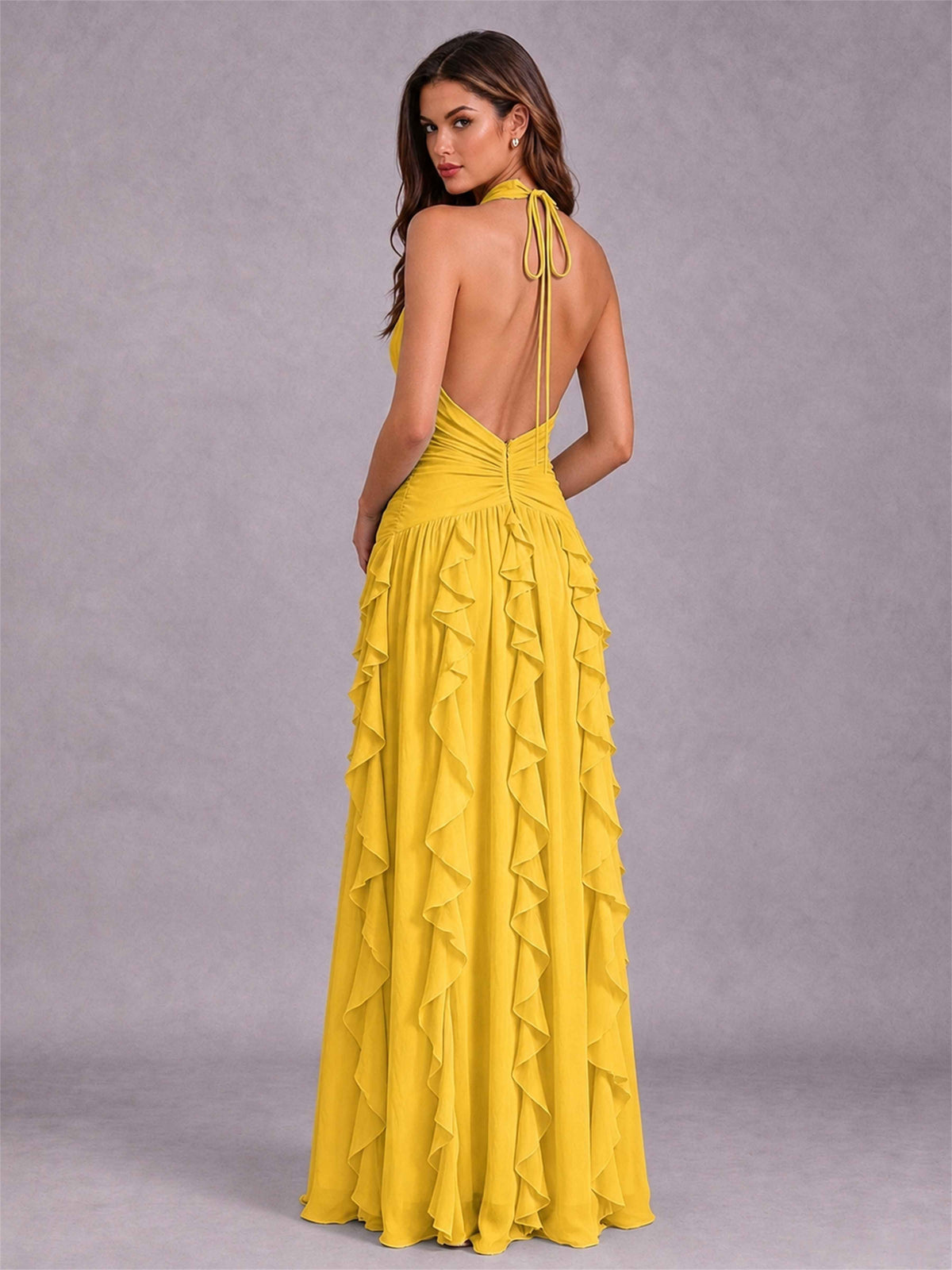 A-Line Halter Neck Ruffle Pleated Floor-Length Chiffon Evening Dress