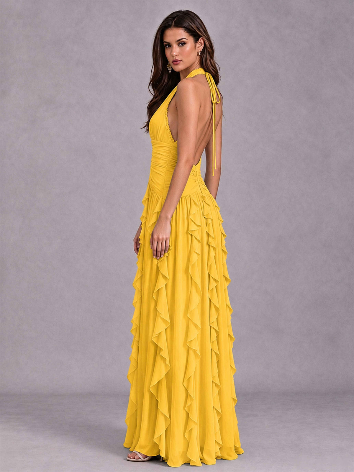 A-Line Halter Neck Ruffle Pleated Floor-Length Chiffon Evening Dress
