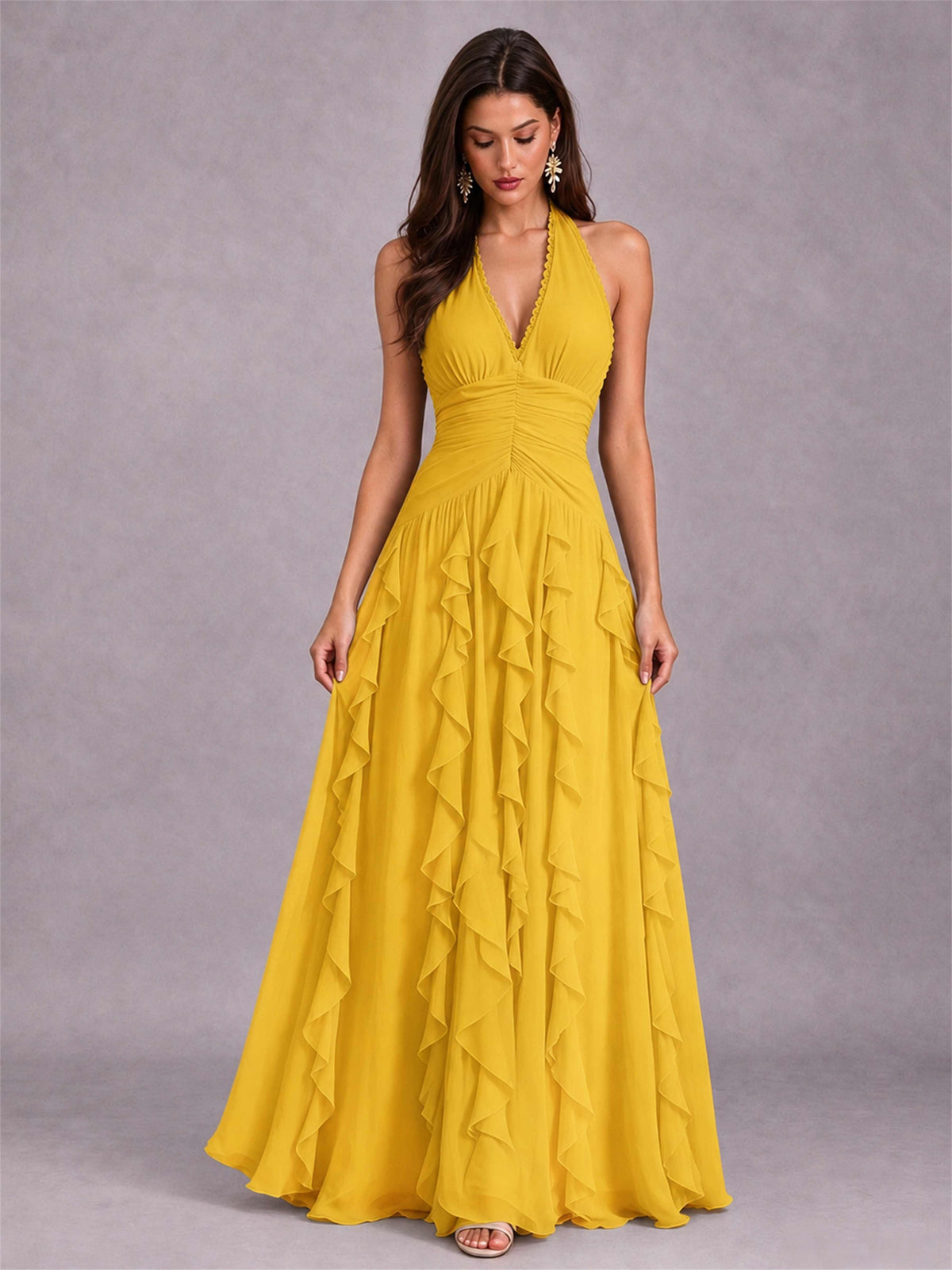 A-Line Halter Neck Ruffle Pleated Floor-Length Chiffon Evening Dress