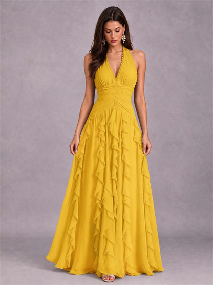 A-Line Halter Neck Ruffle Pleated Floor-Length Chiffon Evening Dress