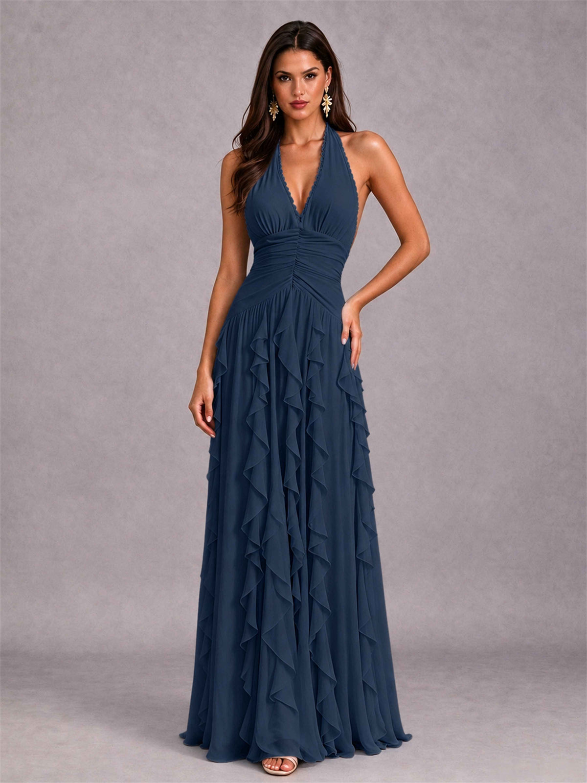 A-Line Halter Neck Ruffle Pleated Floor-Length Chiffon Evening Dress