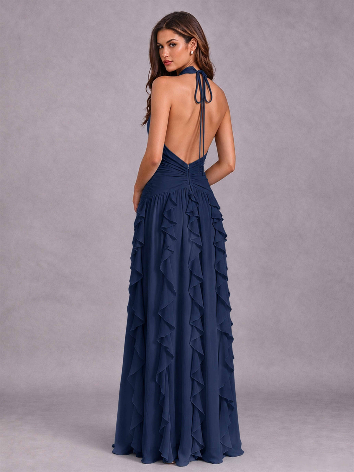 A-Line Halter Neck Ruffle Pleated Floor-Length Chiffon Evening Dress