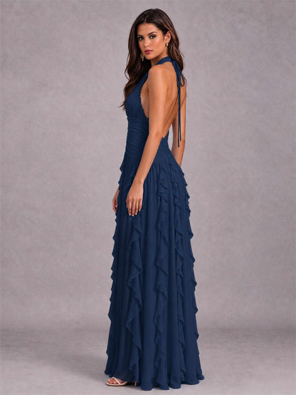 A-Line Halter Neck Ruffle Pleated Floor-Length Chiffon Evening Dress