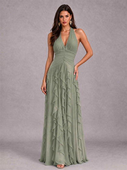A-Line Halter Neck Ruffle Pleated Floor-Length Chiffon Evening Dress