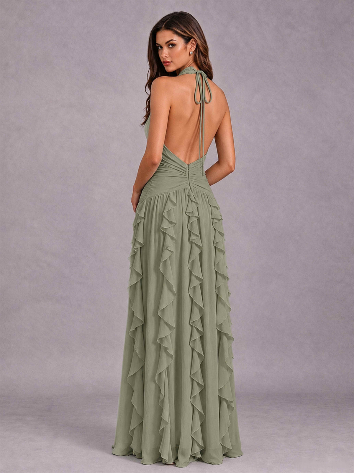 A-Line Halter Neck Ruffle Pleated Floor-Length Chiffon Evening Dress