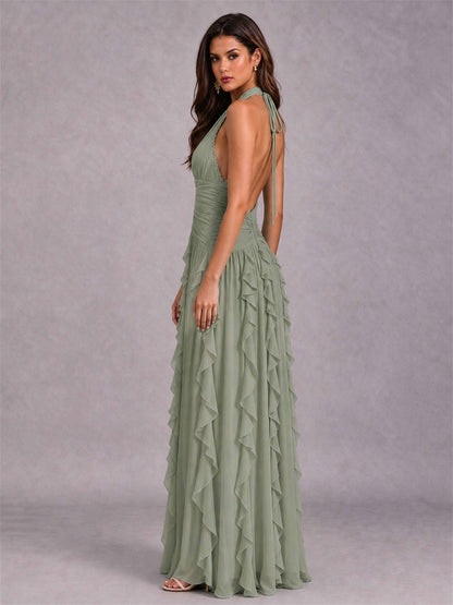 A-Line Halter Neck Ruffle Pleated Floor-Length Chiffon Evening Dress