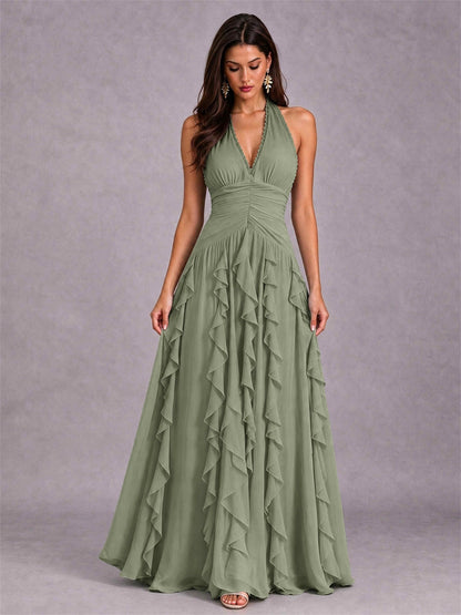 A-Line Halter Neck Ruffle Pleated Floor-Length Chiffon Evening Dress
