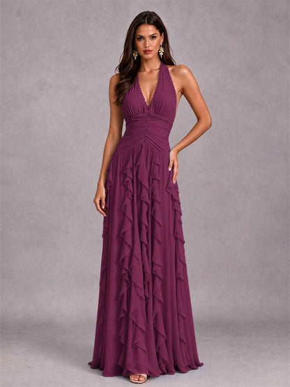 A-Line Halter Neck Ruffle Pleated Floor-Length Chiffon Evening Dress