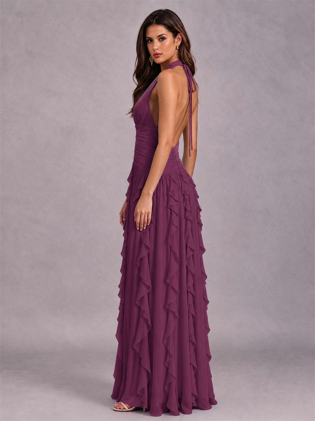 A-Line Halter Neck Ruffle Pleated Floor-Length Chiffon Evening Dress