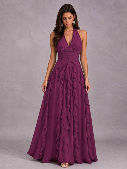 A-Line Halter Neck Ruffle Pleated Floor-Length Chiffon Evening Dress