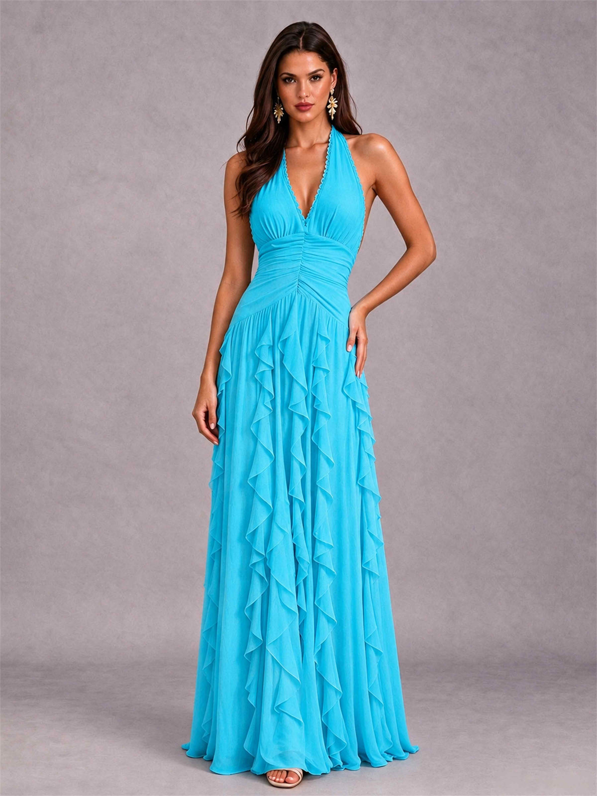 A-Line Halter Neck Ruffle Pleated Floor-Length Chiffon Evening Dress